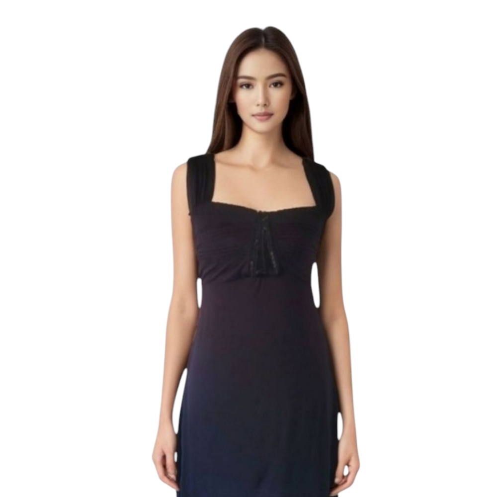 Badgley Mischka Y2K Ruched Bugle Bead Empire Waist Little Black Dress‎